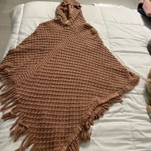 Elegant Tan Knit Poncho with Fringe